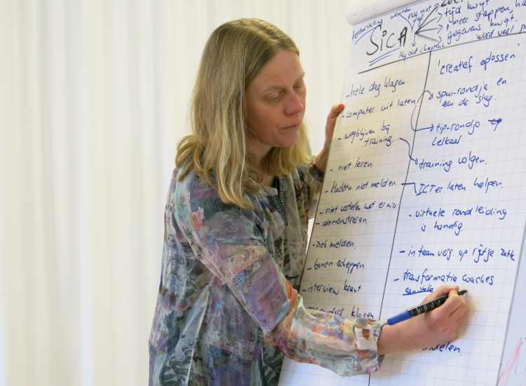 Aukje van den Bent geeft een training  